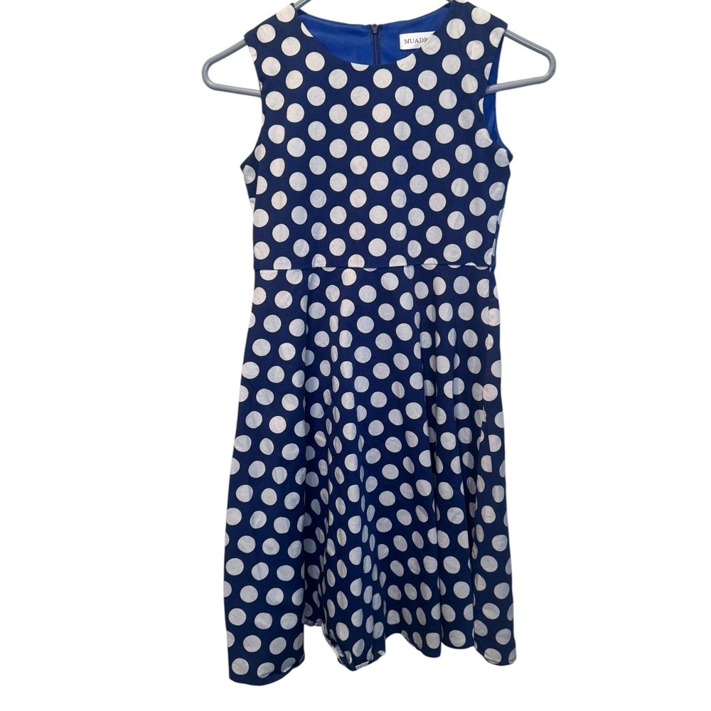 MUA DRESS‎ Blue White Polka Dot Fit Flare Mini Dress Womens L Sleeveless Lined